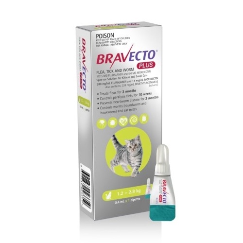 Bravecto PLUS Spot-On 3 month Flea, Tick & Worm Protection - For Cats 1.2-2.8kg main image