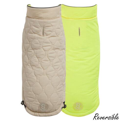 GF Pet Elasto-Fit Adjustable Reversible Chalet Dog Puffer Jacket in Sand/Lime main image