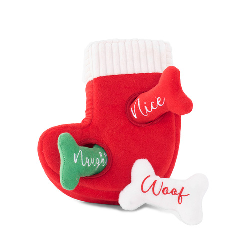 Zippy Paws Interactive Dog Toy - Holiday Burrow - Naughty or Nice Stocking main image