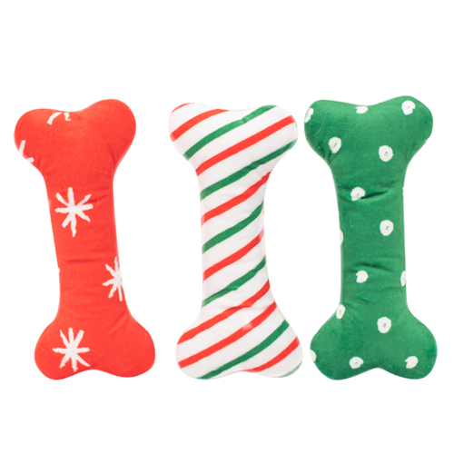 Zippy Paws Plush Squeaker Dog Toy - Christmas Holiday Patterned Bones - Regular 3 Pack main image